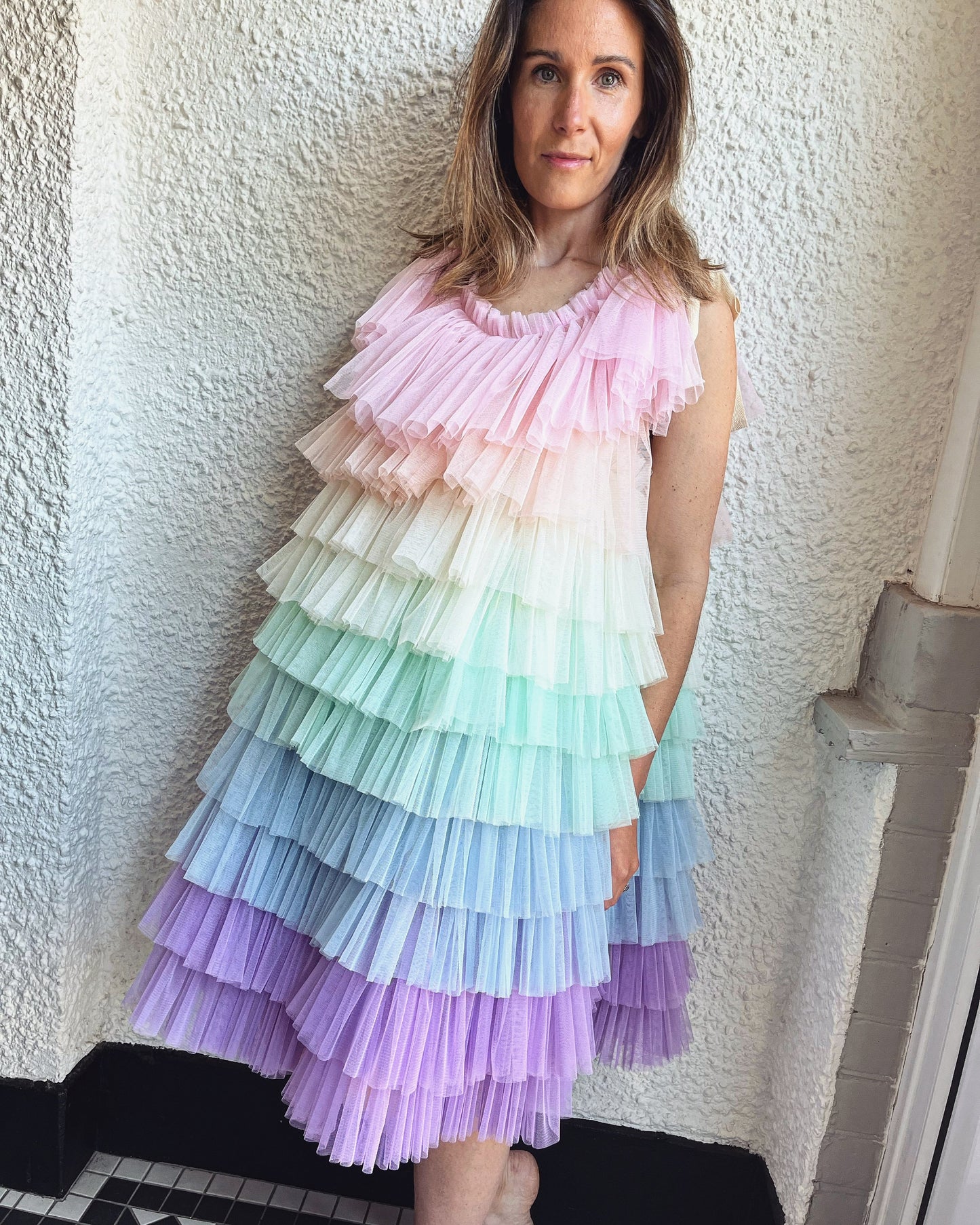 Adult pastel rainbow ruffle dress