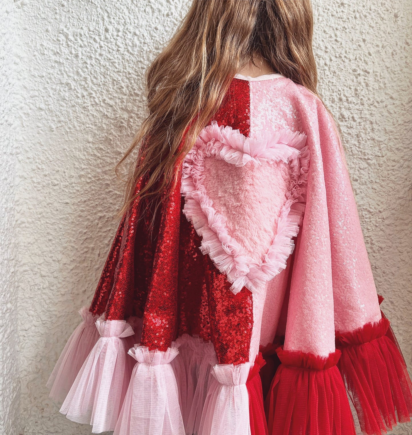 Red/pink sequin cape with ruffle heart