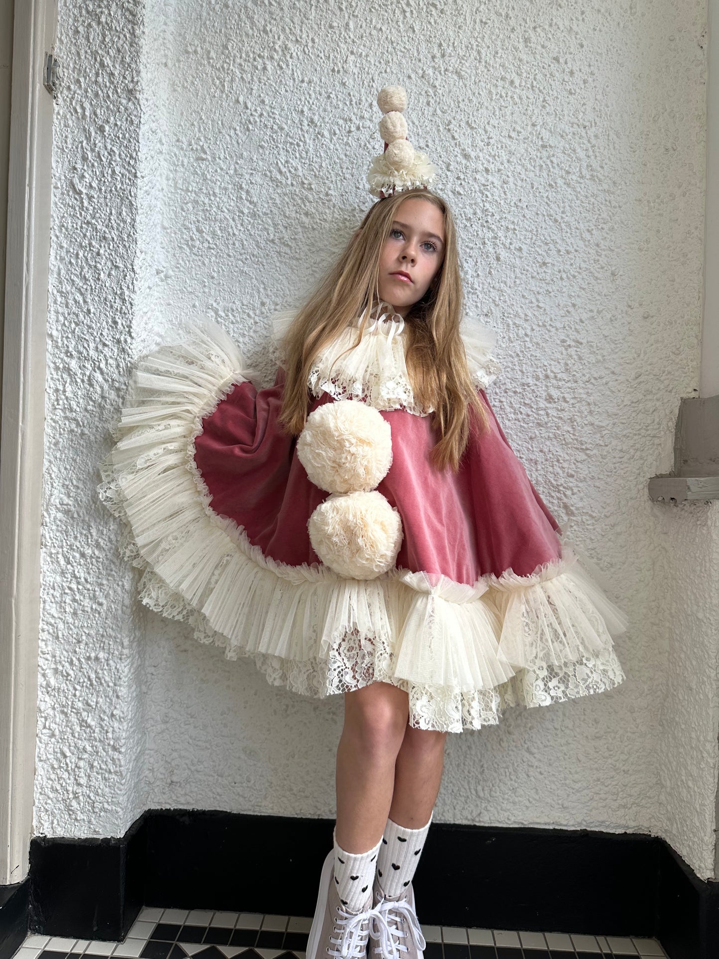 Pink/cream velvet pierrot clown cape/hat set