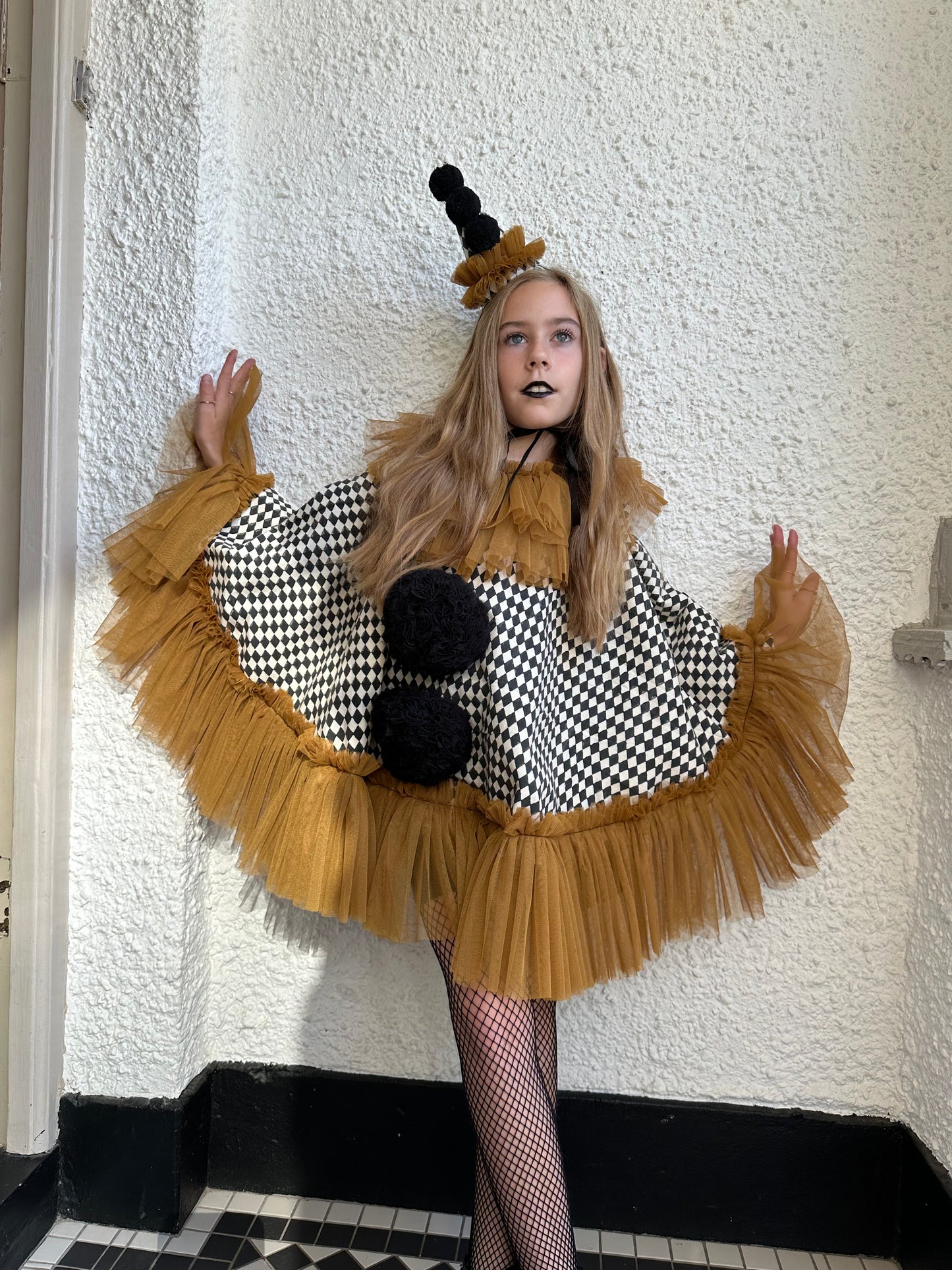 Black/cream harlequin pierrot clown cape/hat set