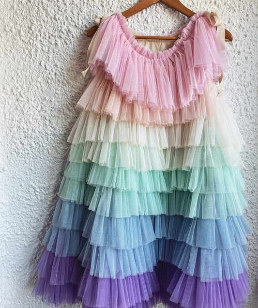 Adult pastel rainbow ruffle dress