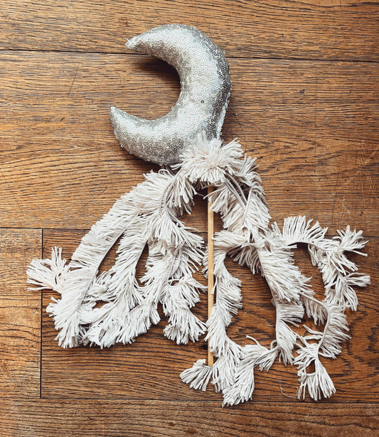 silver sequin moon wand with shaggy tassels