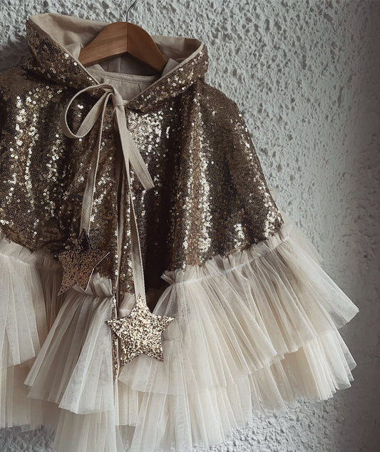 Gold sequin hooded kid cape