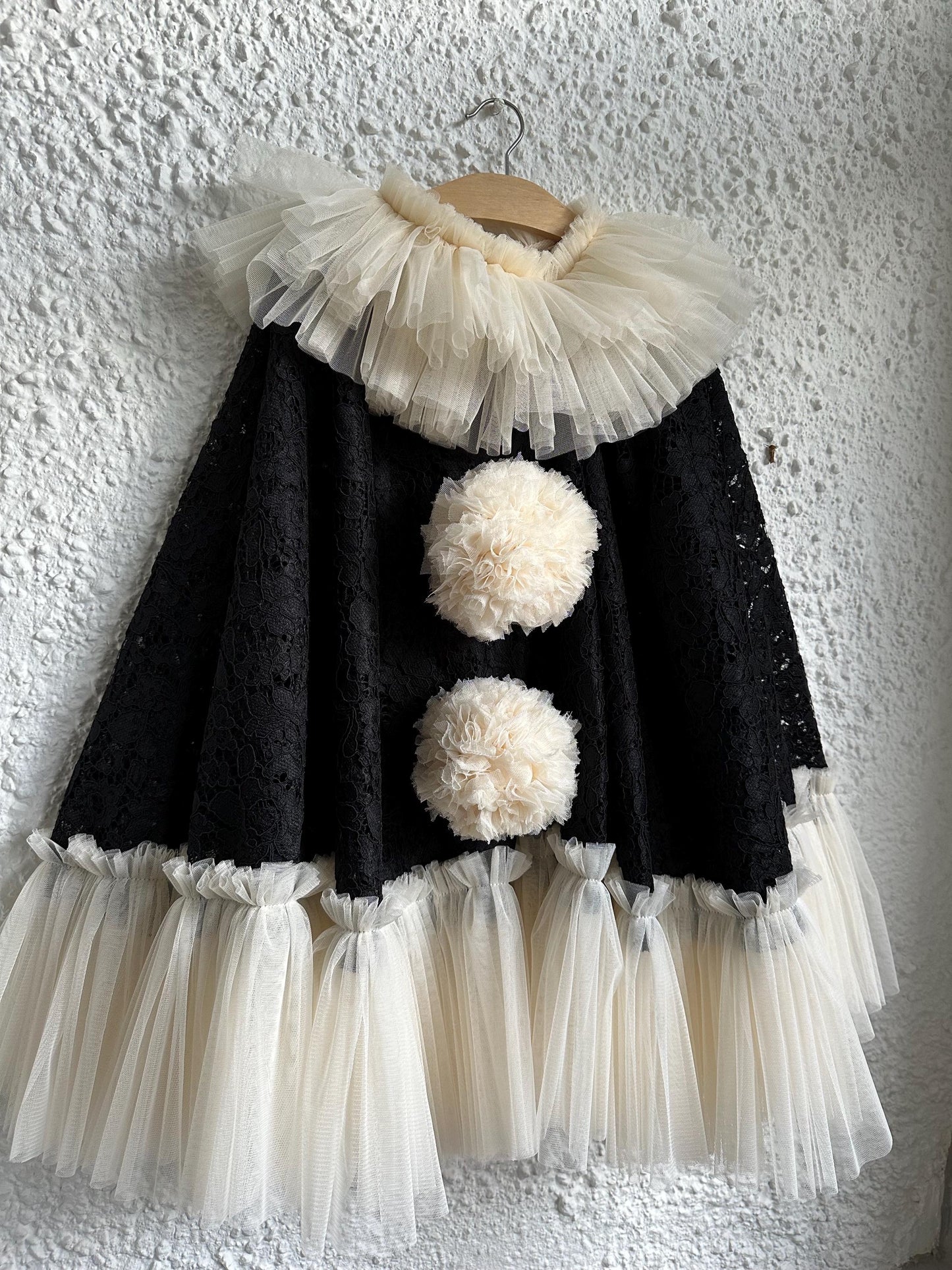 Limited Edition black corded pierrot clown tie back cape and hat set