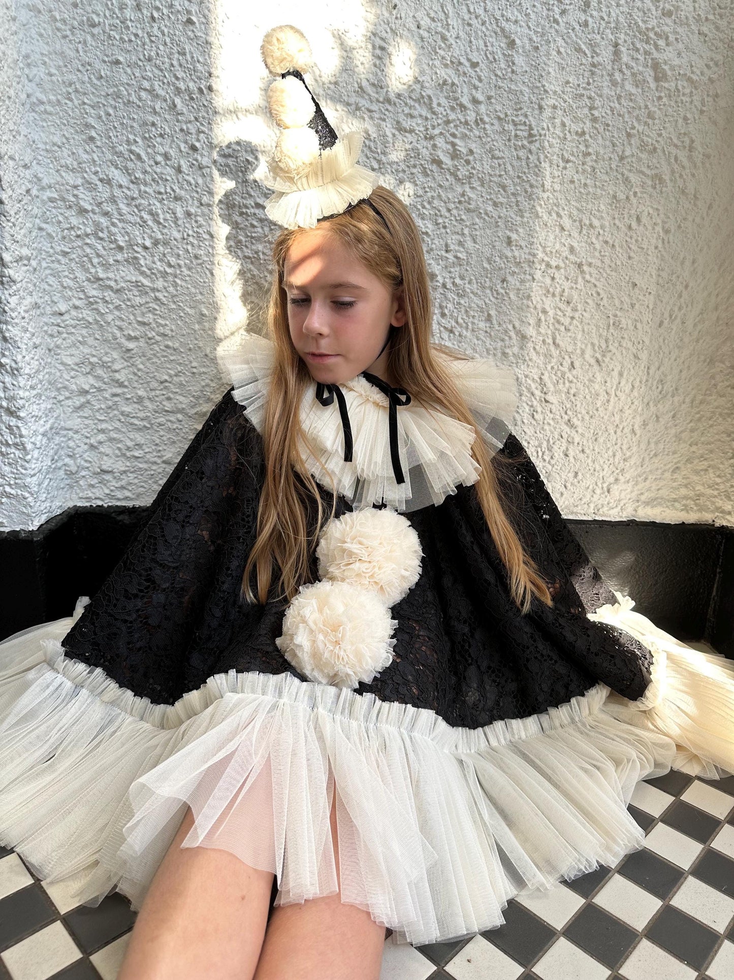 Limited Edition black corded pierrot clown tie back cape and hat set