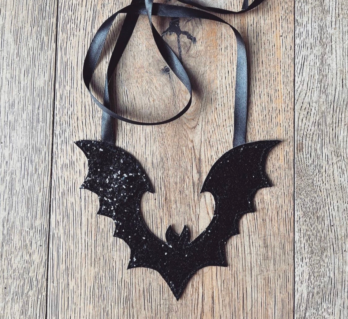 Black glitter bat necklace