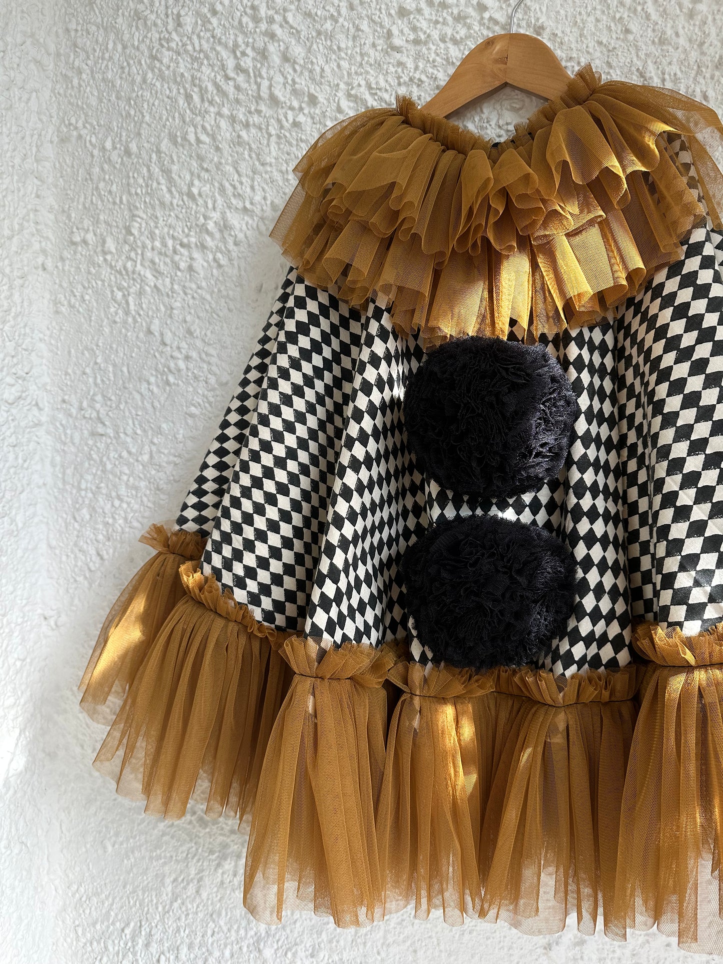 Black/cream harlequin pierrot clown cape/hat set