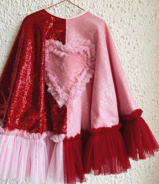 Red/pink sequin cape with ruffle heart