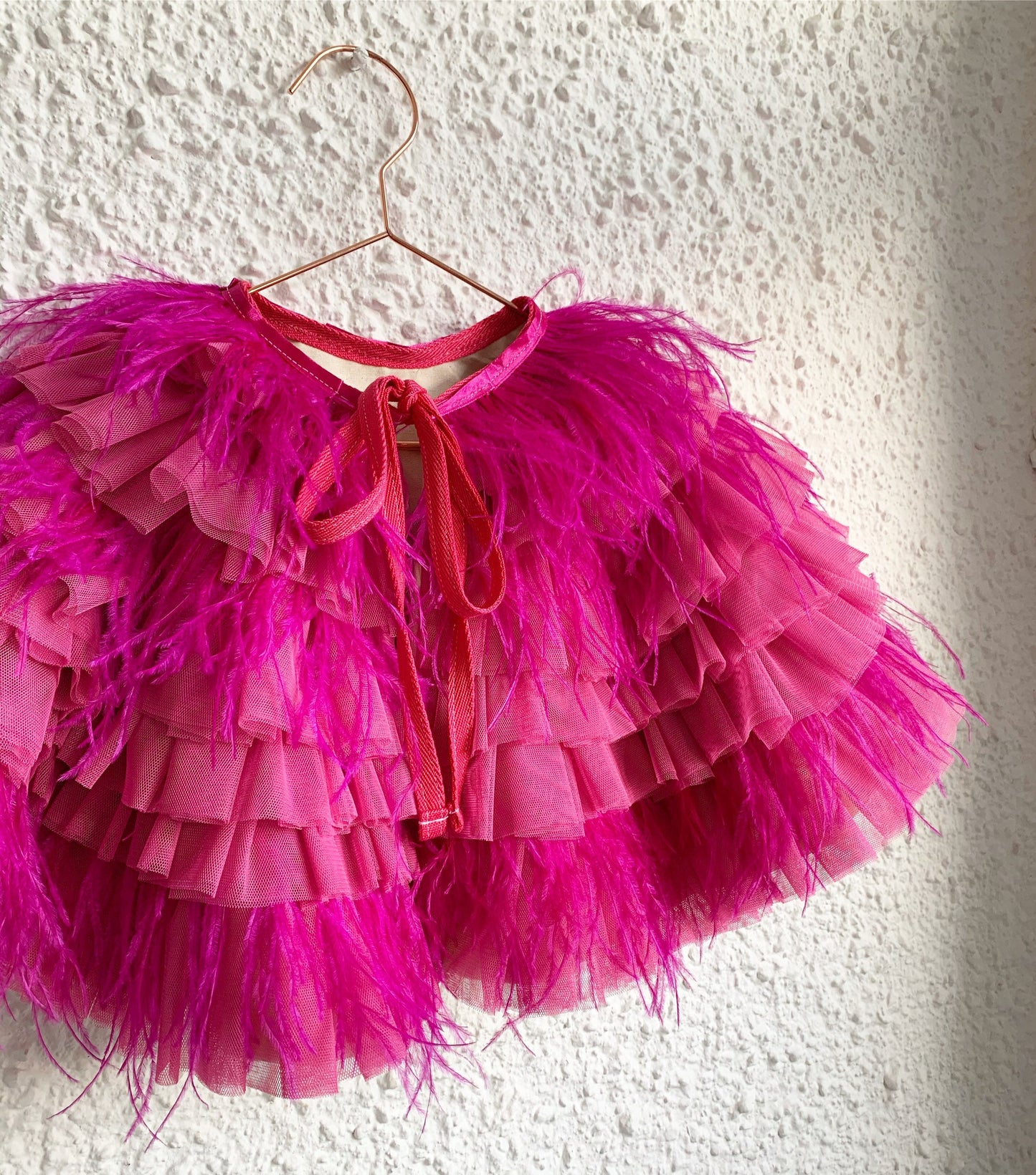 Barbie inspired pink ruffle/ostrich feather cape