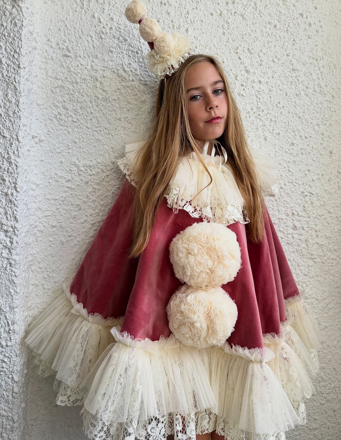 Pink/cream velvet pierrot clown cape/hat set