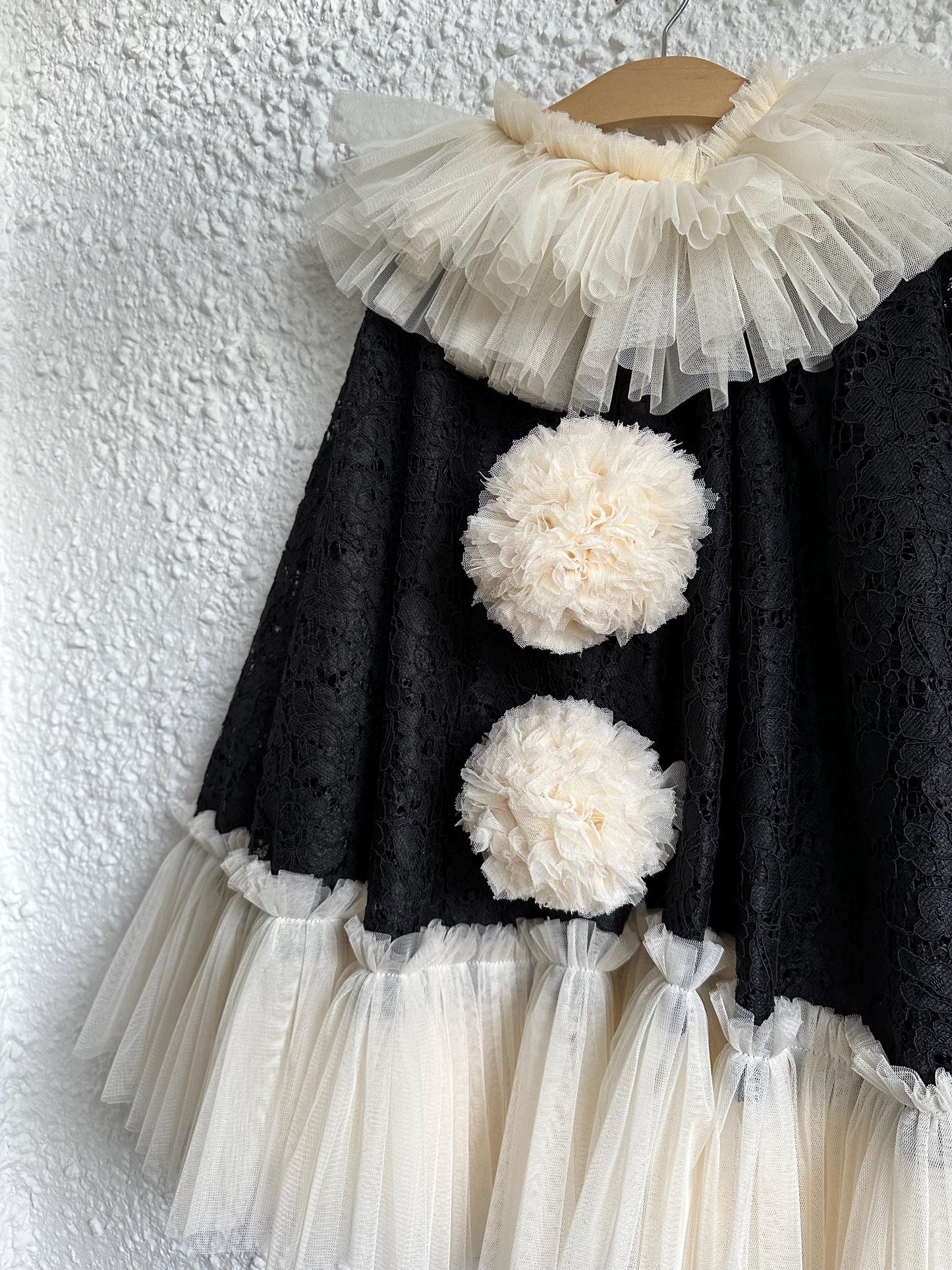 Limited Edition black corded pierrot clown tie back cape and hat set
