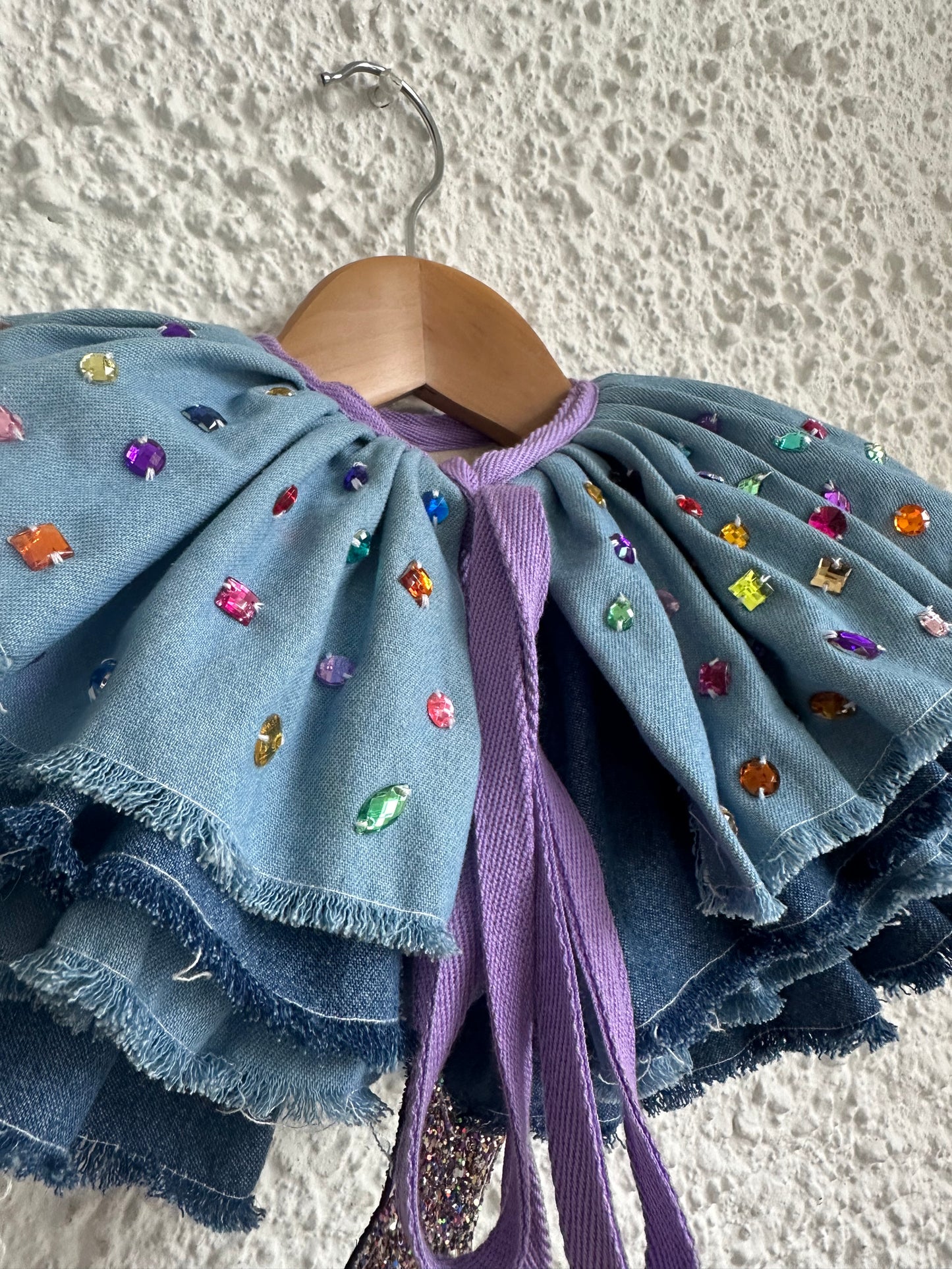 Limited Edition bejewelled denim ruffle collar
