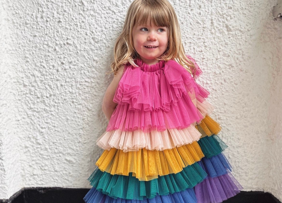 bright rainbow ruffle dress