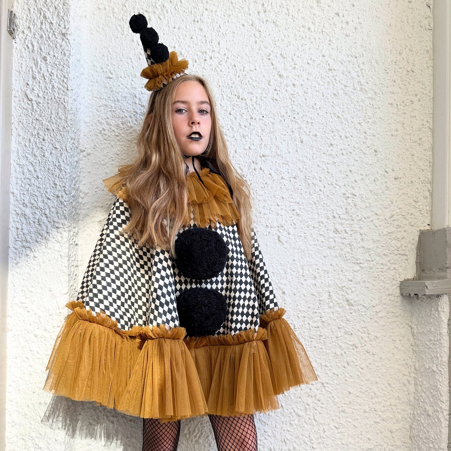 Black/cream harlequin pierrot clown cape/hat set