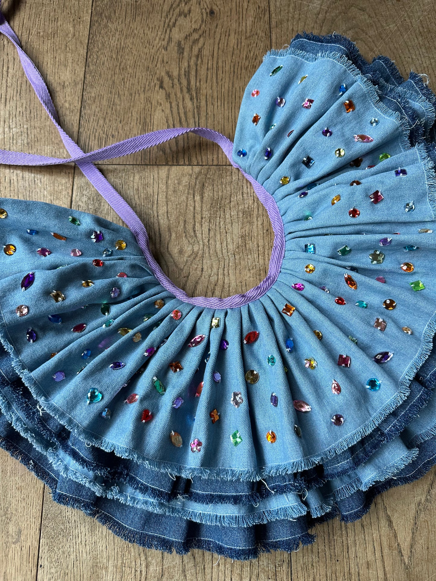Limited Edition bejewelled denim ruffle collar