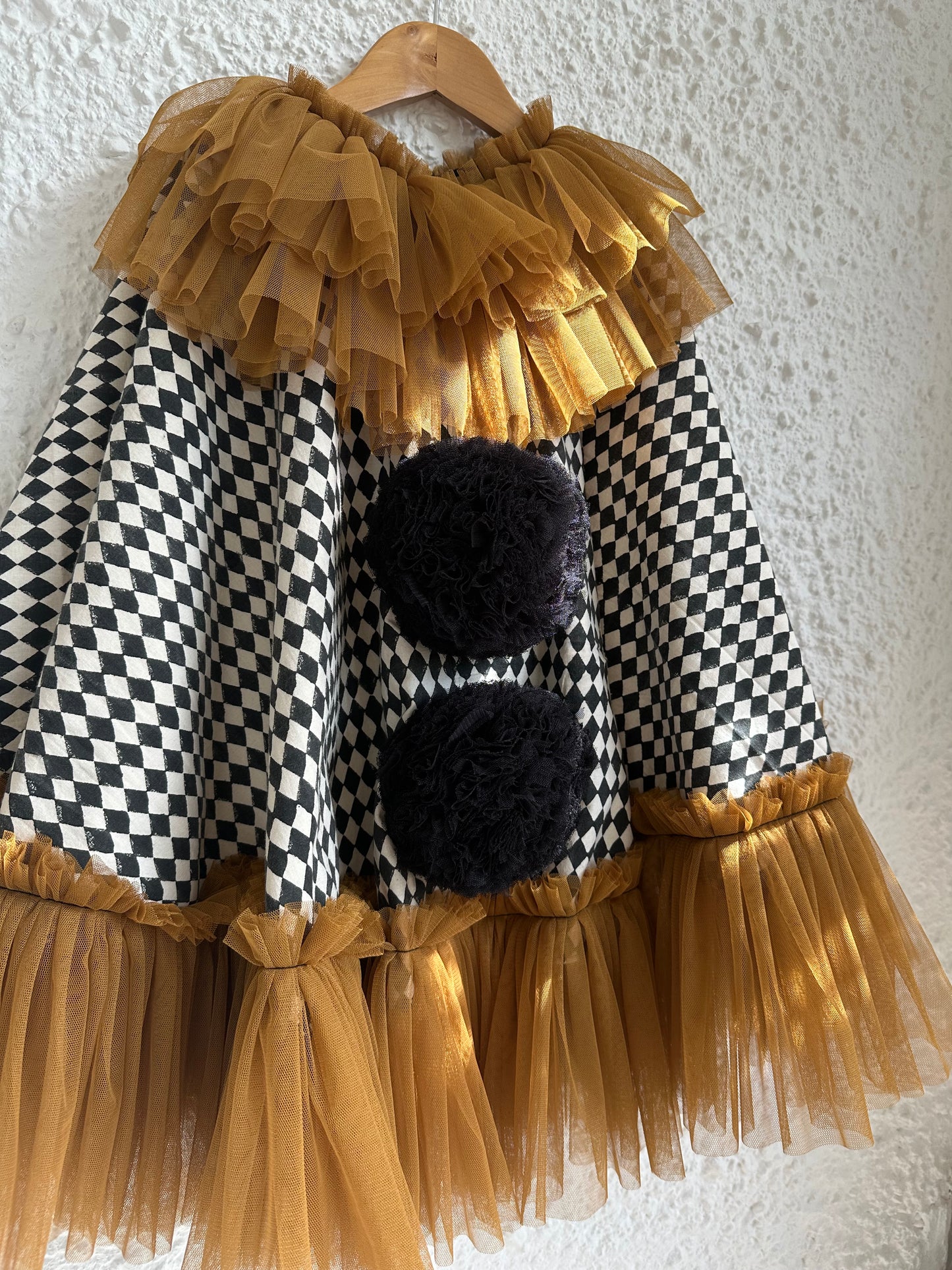 Black/cream harlequin pierrot clown cape/hat set