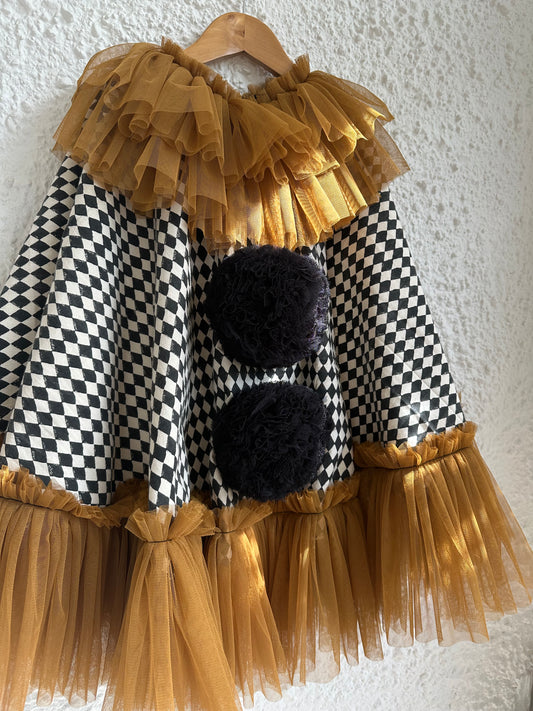 Black/cream harlequin pierrot clown cape/hat set