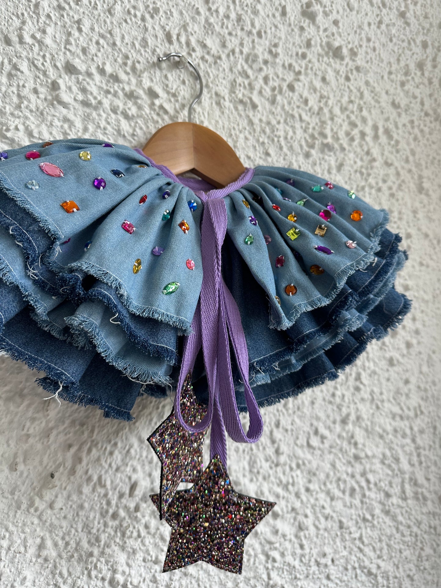 Limited Edition bejewelled denim ruffle collar