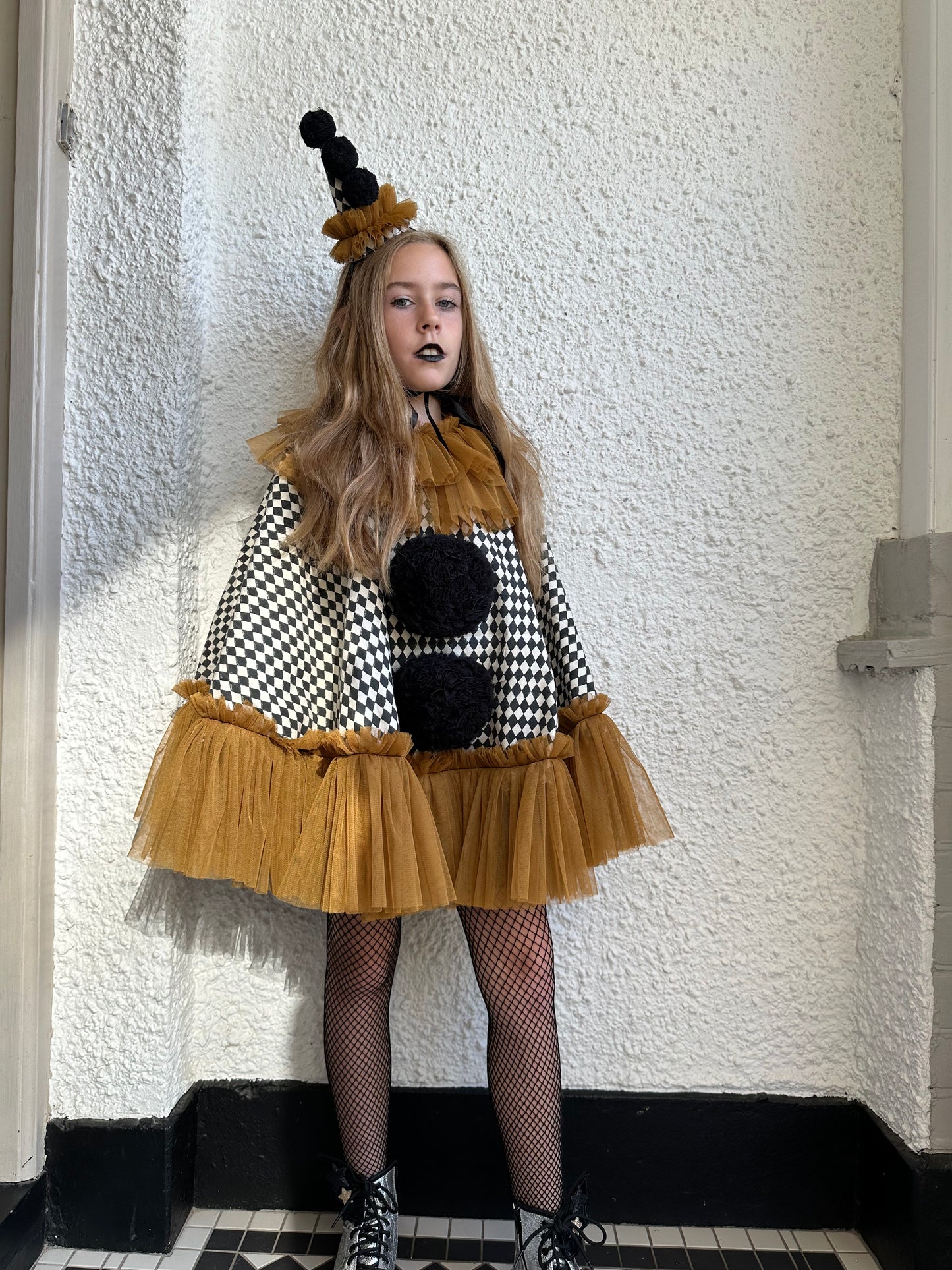 Black/cream harlequin pierrot clown cape/hat set