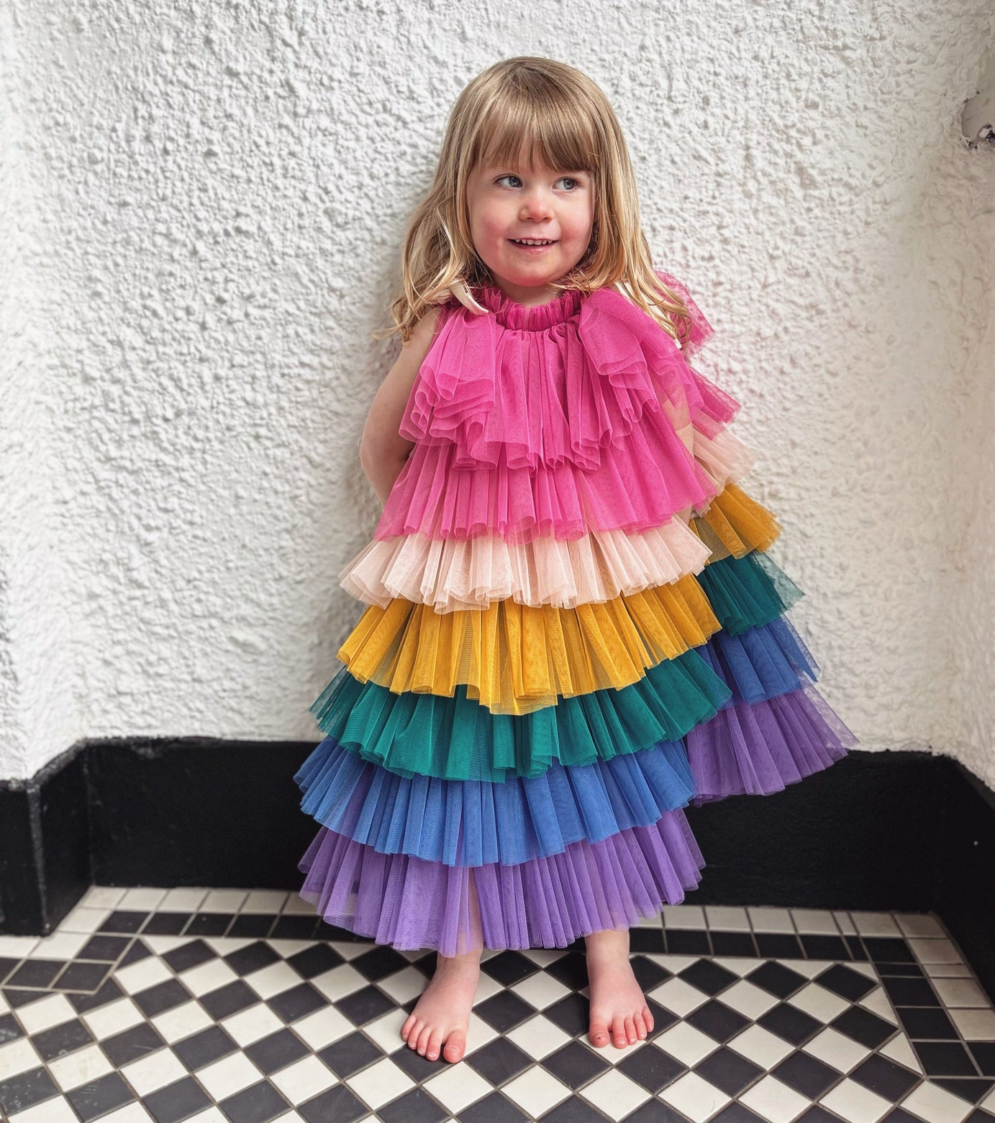 bright rainbow ruffle dress