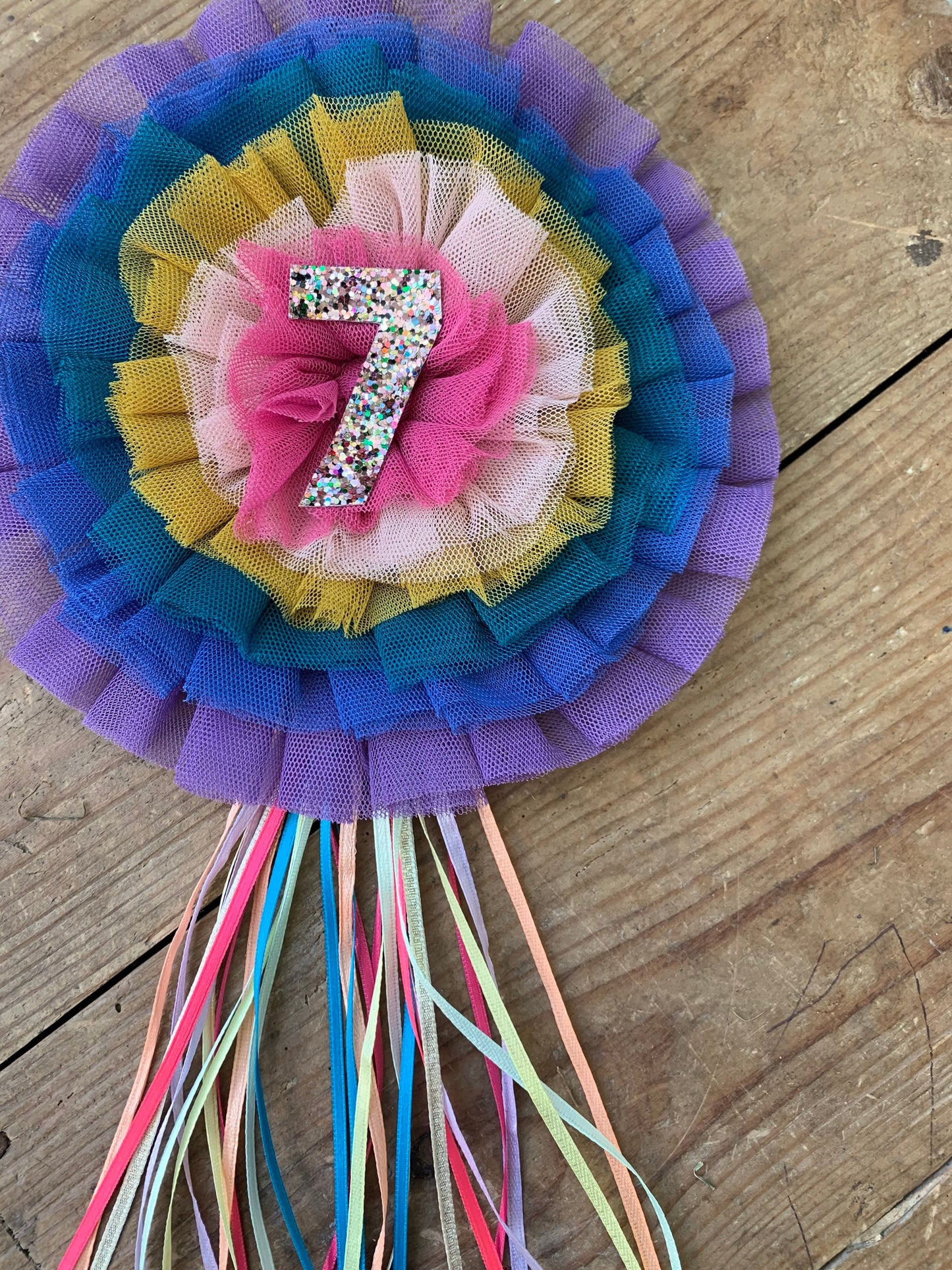 Rainbow ruffle birthday corsage