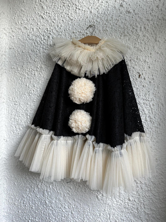 Adult size Limited edition black corded pierrot clown tie back cape and hat set