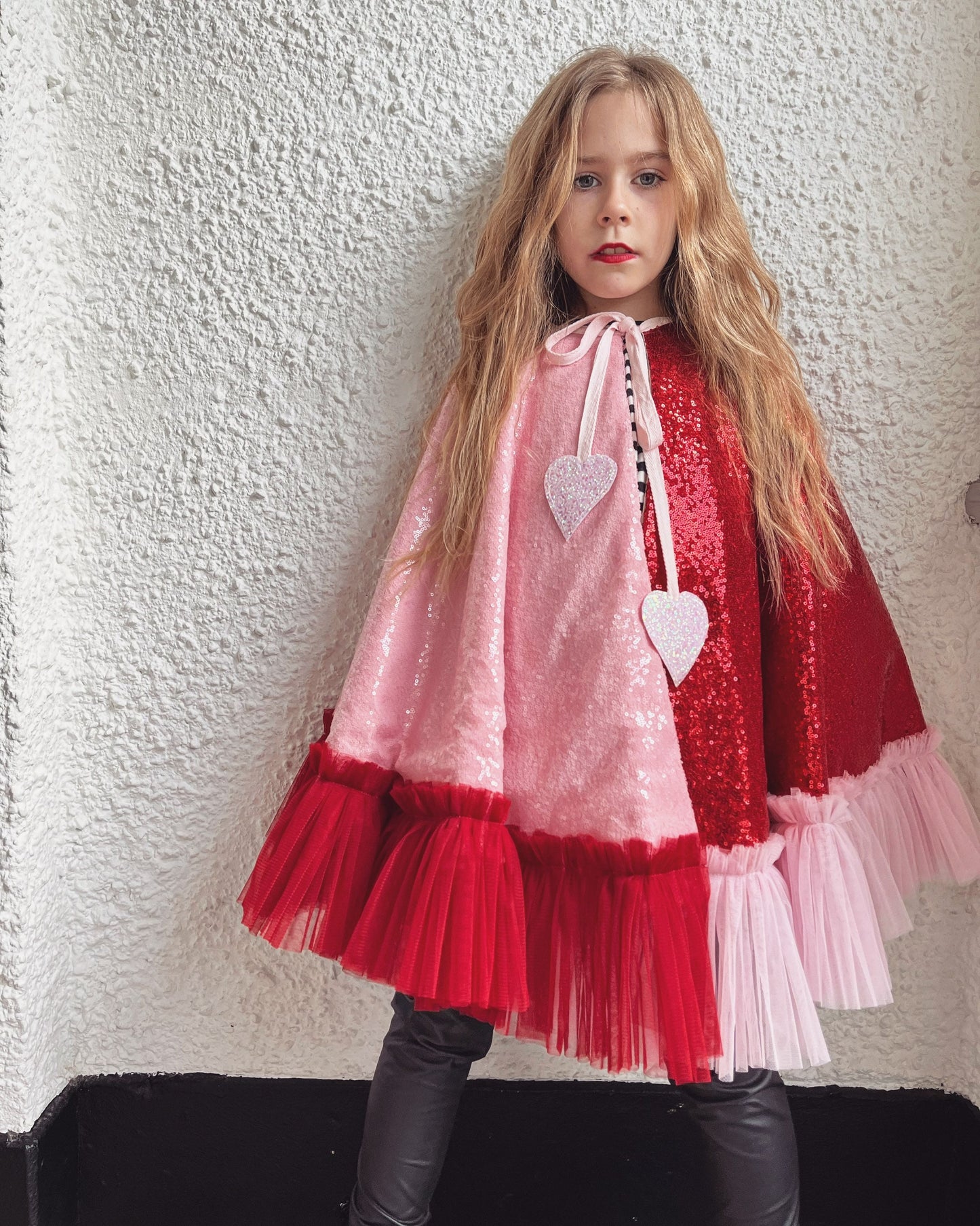 Red/pink sequin cape with ruffle heart