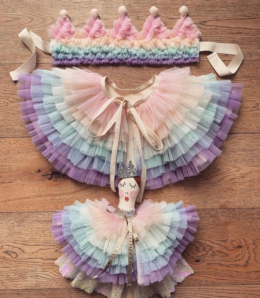 Pastel ruffle cape, crown and doll set