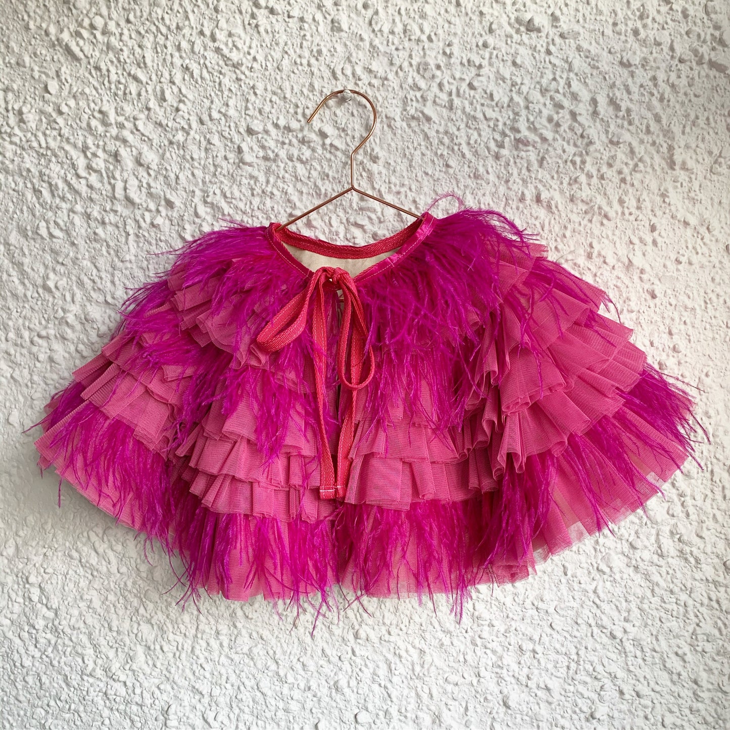 Barbie inspired pink ruffle/ostrich feather cape